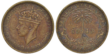 Британская Западная Африка 1 шиллинг 1943 Георг VI KM 23 никель латунь 25-1645