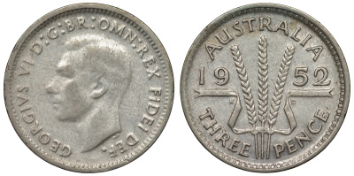 Австралия 3 пенса 1952 m, Георг VI (1937-1952), без букв KM 44 серебро 71-361