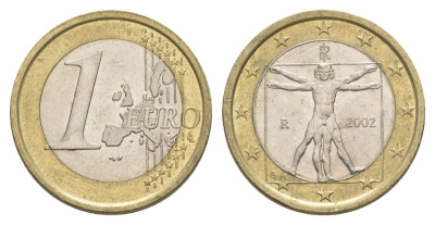 Италия 1 евро 2002 Витрувианский человек KM 216 биметалл 4629-425
