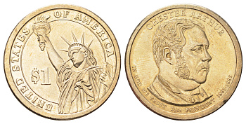 США 1 доллар 2012 P, Президент США - Честер Алан Артур (1881–1885) KM 524 медь с марганцево-латунным покрытием UNC 4695-917