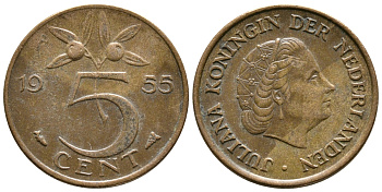 НИДЕРЛАНДЫ 5 ЦЕНТОВ 1955 ЮЛИАНА KM 181 бронза 3999-217
