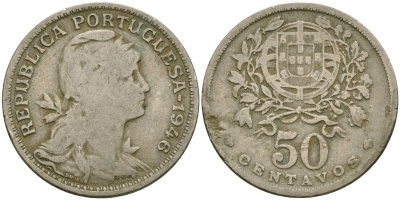 Португалия 50 сентаво 1946 KM 577 медно-никель 4132-136