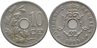 БЕЛЬГИЯ 10 САНТИМОВ 1905 BELGIE KM 53 медно-никель 4364-211