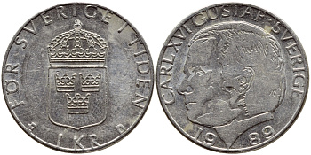 Швеция 1 крона 1989 Карл XVI Густав (1973- ) KM 852a медно-никель 4397-1252