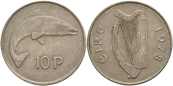 Ирландия 10 пенсов 1978 лосось KM 23 медно-никель 4140-331