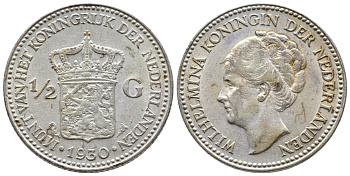 Нидерланды 1/2 гульдена 1930 Вильгельмина I (1890-1948) KM 160 серебро 177-813