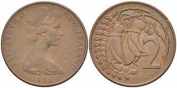Новая Зеландия 2 цента 1971 Елизавета II (1952-2022), два цветка каухаи KM 32.1 бронза 214-838