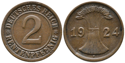 ГЕРМАНИЯ 2 РЕНТЕНПФЕННИГА 1924 F KM 31, J. 307 бронза 24-523