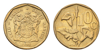 ЮАР 10 центов 1990 герб, цветок алоэ KM 135 сталь плакированная бронзой UNC 4694-635