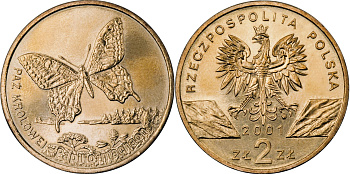 Польша 2 злотых 2001 MW, серия сохраним природу, бабочка махаон KM 414 нордик UNC 4521-1142