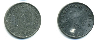 ГЕРМАНИЯ 10 РЕЙХСПФЕННИГОВ 1943 E цинк 62-2525