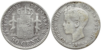 ИСПАНИЯ 50 СЕНТИМО 1896 (96) PG-V, АЛЬФОНСО XIII KM 705 серебро 443-541