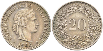 ШВЕЙЦАРИЯ 20 РАППЕНОВ 1944 В KM 29a медно-никель 55-717