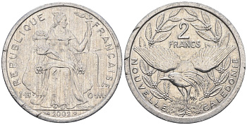 Французская Новая Каледония 2 франка 2002 птица кагу, (IEOM) KM 14, Schoen 11, Lec 68g алюминий    28-832