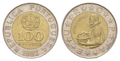 Португалия 100 эскудо 1992 Педру Нуниш (1502-1578), математик KM 645 биметалл UNC 4566-311
