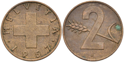 Швейцария 2 раппена 1957 В KM 47 бронза 4591-1137