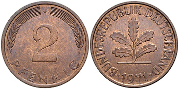 ФРГ 2 ПФЕННИГА 1971 J KM 106a, Jager 381a сталь плакированная сталь плакированная медьюю 4546-1016