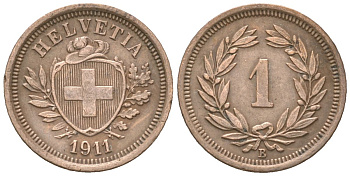 Швейцария 1 раппен 1911 B KM 3 бронза 4532-538