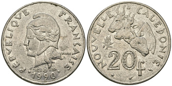 Французская Новая Каледония 20 франков 1990 три быка, (IEOM) KM 12, Schoen 14, Lec 113 никель 80-141