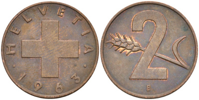 Швейцария 2 раппена 1963 В KM 47 бронза 4591-1254