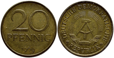 ГДР 20 пфеннигов 1969 А, первый год KM 11 латунь UNC 4398-1057