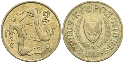 Кипр 2 цента 1993 KM 54.3 никель латунь 4174-1258