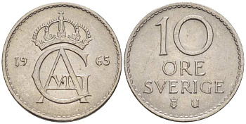 Швеция 10 эре 1965 U, Густав VI Адольф (1950-1973) KM 835 медно-никель 4516-437