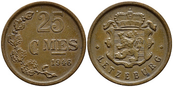 Люксембург 25 сантимов 1946 Шарлотта (1918-1964) KM 45 бронза 4396-319