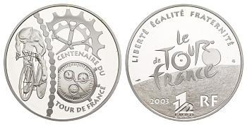 Франция 1 1/2 евро 2003 100 лет велогонкам Тур де Франс, велосипедист и детали велосипеда, в оригинальной коробке, сертификат KM 1325 серебро  PROOF  1-6-4-28