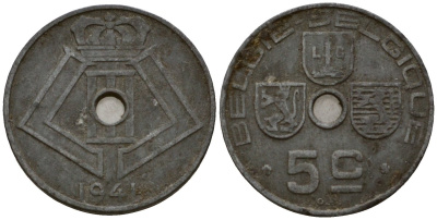 Бельгия 5 сантимов 1941 Belgie - Belgique KM 124 цинк 4602-136