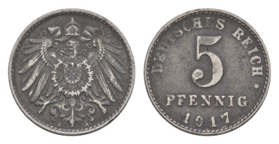 Германия 5 пфеннигов 1917 A, Вильгельм II (1888-1918) KM 19, J. 297 железо плакированное цинком 4644-1115