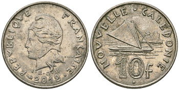 Французская Новая Каледония 10 франков 2012 рыбачья парусная лодка, (IEOM) KM 11a, Schoen 13a, Lec 99k медно-никель 65-626