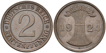 Германия 2 рентенпфеннига 1924 A KM 31, J.307, Weege 3 медь 4584-615