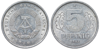 ГДР 5 ПФЕННИГОВ 1983 A КМ 9.2 алюминий 62-453