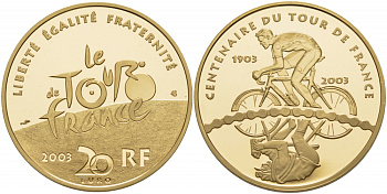 Франция 20 евро 2003 100 лет Тур де Франц, логотип KM 1334 золото PROOF 00-000-00