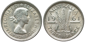 Австралия 3 пенса 1961 m, Елизавета II (1952-2022) KM 57 серебро 71-728