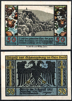 Шварцбург (Тюрингия) 50 пфеннигов 1922 Mehl Grabowski 1208.2-4/7 бумага UNC (пресс) 7553-17-4-1
