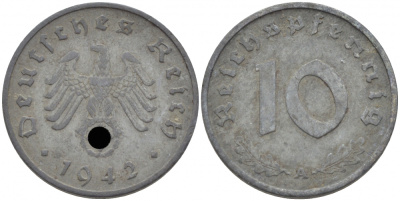 ГЕРМАНИЯ 10 РЕЙХСПФЕННИГОВ 1942 A J.371 цинк 110-254