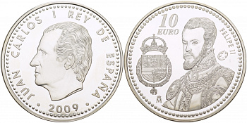 ИСПАНИЯ 10 ЕВРО 2009 ФИЛИПП II КОРОЛЬ ИСПАНИИ ИЗ ДИНАСТИИ ГАБСБУРГОВ KM 1214 серебро PROOF 01-166-31