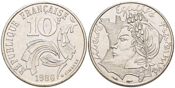 ФРАНЦИЯ 10 ФРАНКОВ 1986 РЕСПУБЛИКА KM 959, LE FRANC 373.2 никель 217-257