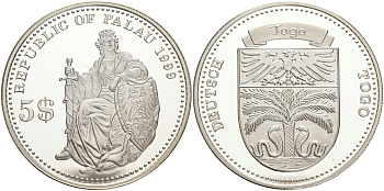 Палау 5 долларов 1999 немецкие колонии, Того KM 24 серебро PROOF 02-263-31