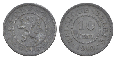 Бельгия 10 сантимов 1915 германская оккупация Первая мировая война, Альберт I (1910-1934) KM 81 цинк 4169-518