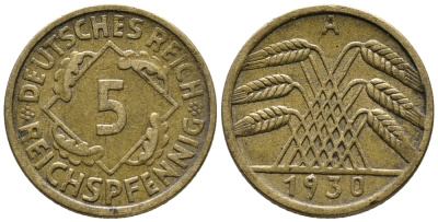 ГЕРМАНИЯ 5 РЕЙХСПФЕННИГОВ 1930 A KM 39, J. 316 алюминиевая бронза 39-563