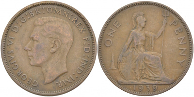 Великобритания 1 пенни 1939 Георг VI (1936-1952) KM 845, Spink 4114 бронза 215-332