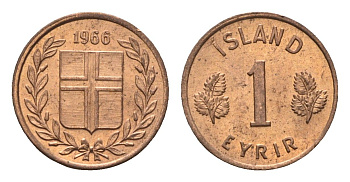 Исландия 1 эйре 1966 KM 8 бронза UNC 4696-249