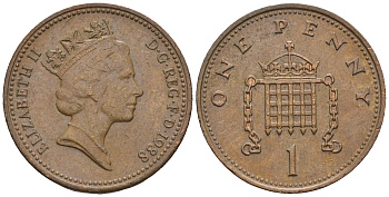 Великобритания 1 пенни 1988 Елизавета II (1952-2022) KM 935, Spink 4381 (B3) бронза 4609-525