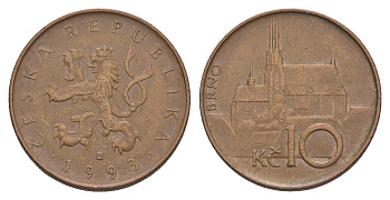 Чехия 10 крон 1993 кафедральный собор, город Брно KM 4 сталь плакированная медью 4546-1127