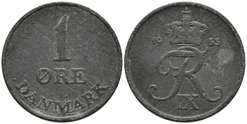 ДАНИЯ 1 ЭРЕ 1953 N; S, КРИСТИАН X (1912-1947) KM 839.1 цинк 116-112