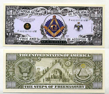 США 1000000 ДОЛЛАРОВ 2011 СУВЕНИРНАЯ БАНКНОТА, МАСОНСКАЯ ПИРАМИДА, СТУПЕНИ МАСОНСТВА, МАСОНСКИЙ ЗНАК бумага UNC (ПРЕСС) 8588-61-4-2