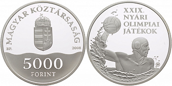 Венгрия 5000 форинтов 2008 Олимпийские игры, водное поло, тираж 14000 экземпляров KM 808 серебро PROOF 1074-6-23